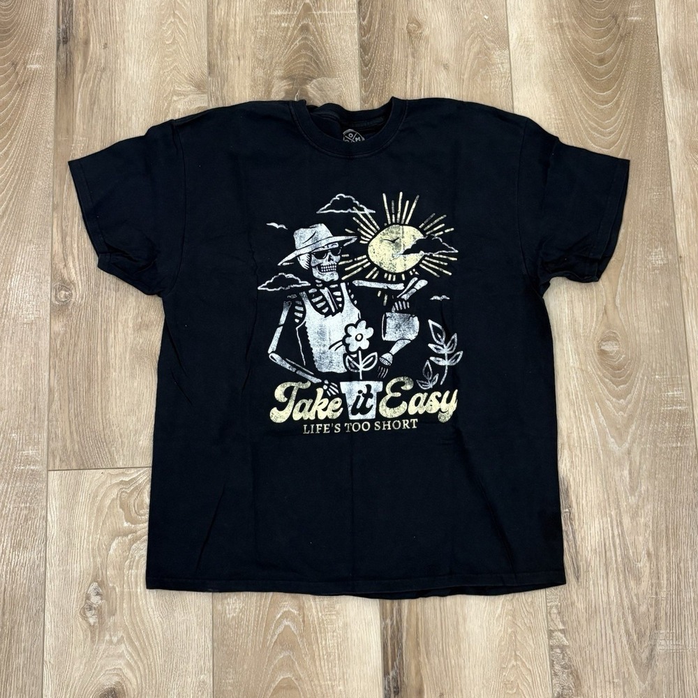 DOM Black Skeleton Skull Graphic Men's XL Crew Neck Short Sleeve Cotton Tee